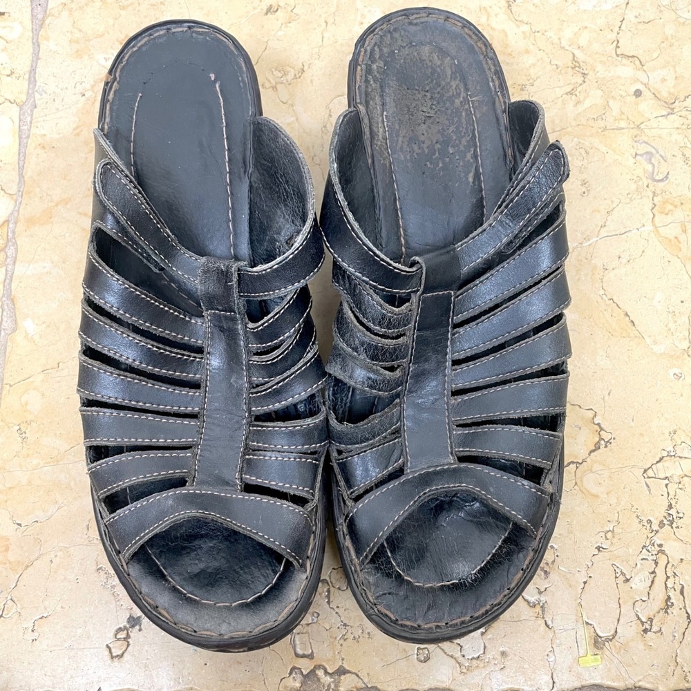 Y2K 90s Womens Sandals Sz 10 Leather Chunky Strappy Boho Slip On Minimalist